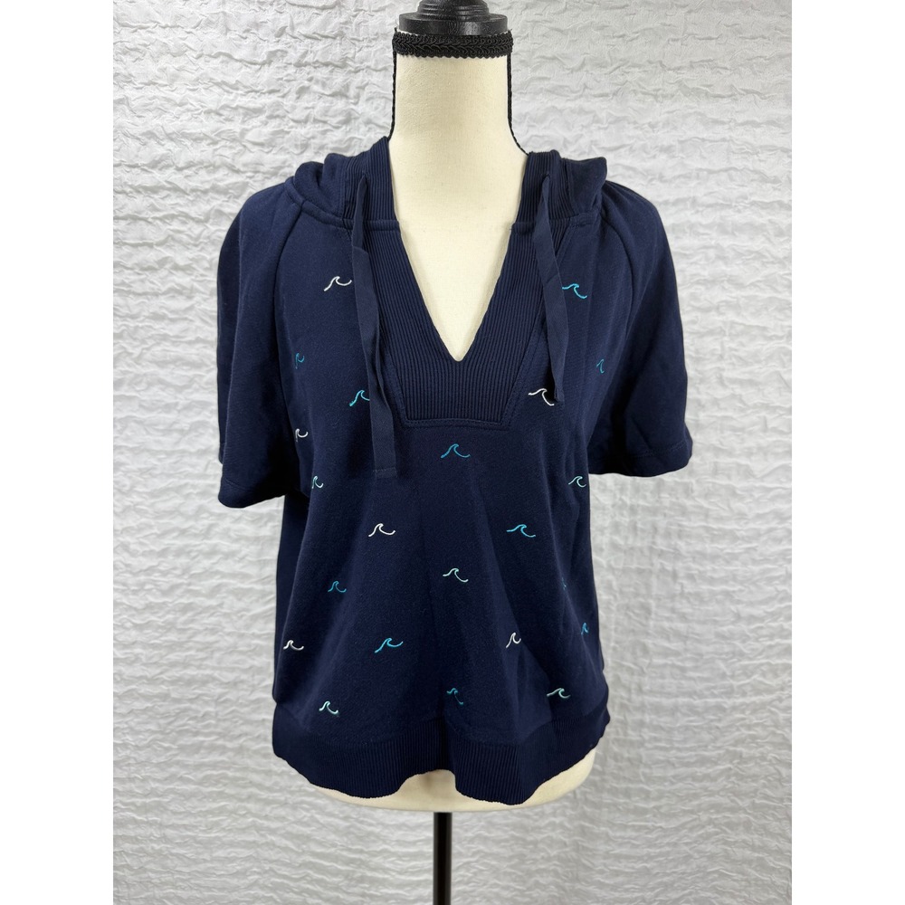 Splendid x Gray Malin Navy Blue Embroidered Wave Short Sleeve Hoodie S RA0080U